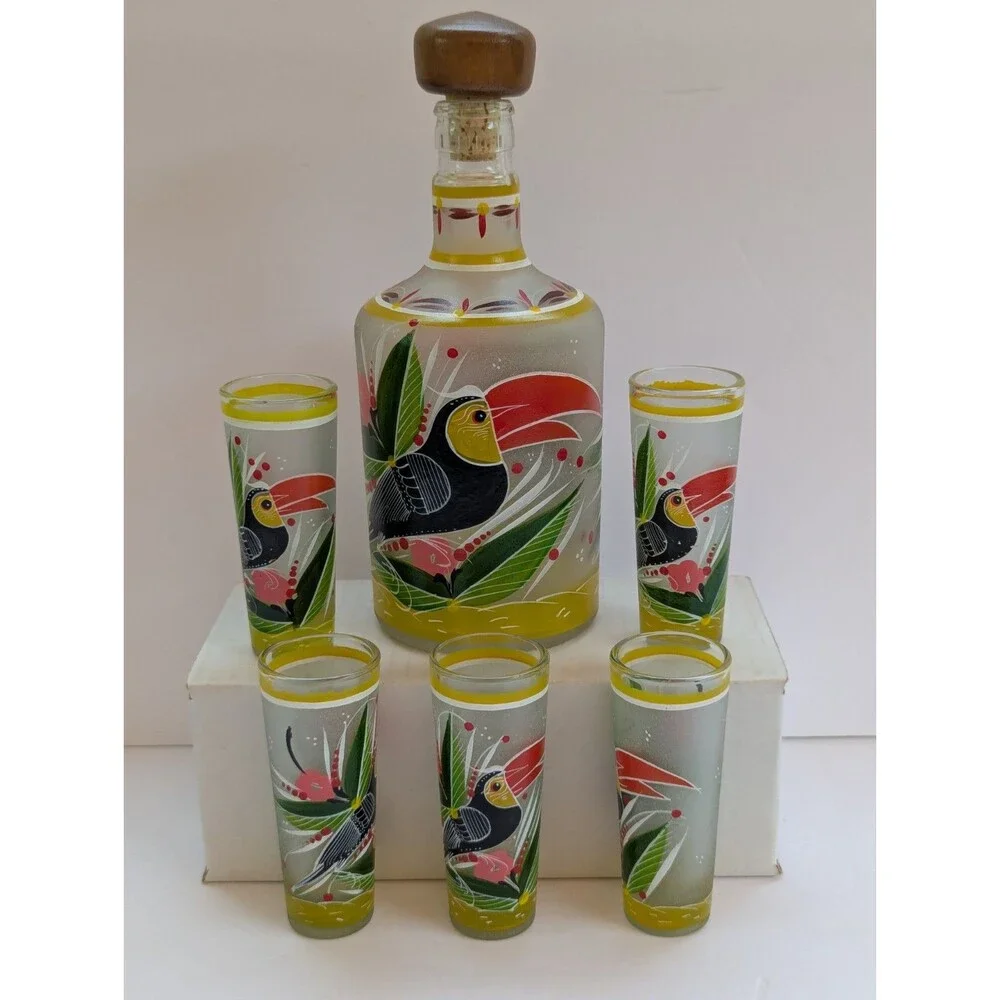Tropical Toucan Bird Tequila Decanter And Shot Glass Set Hand Painted Frosted 9